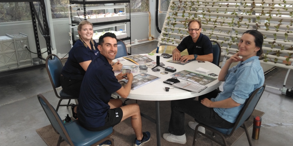 Trent, Katie, John, a Jessica, Kai in the first full seal of the Test Module at SAM, Biosphere 2