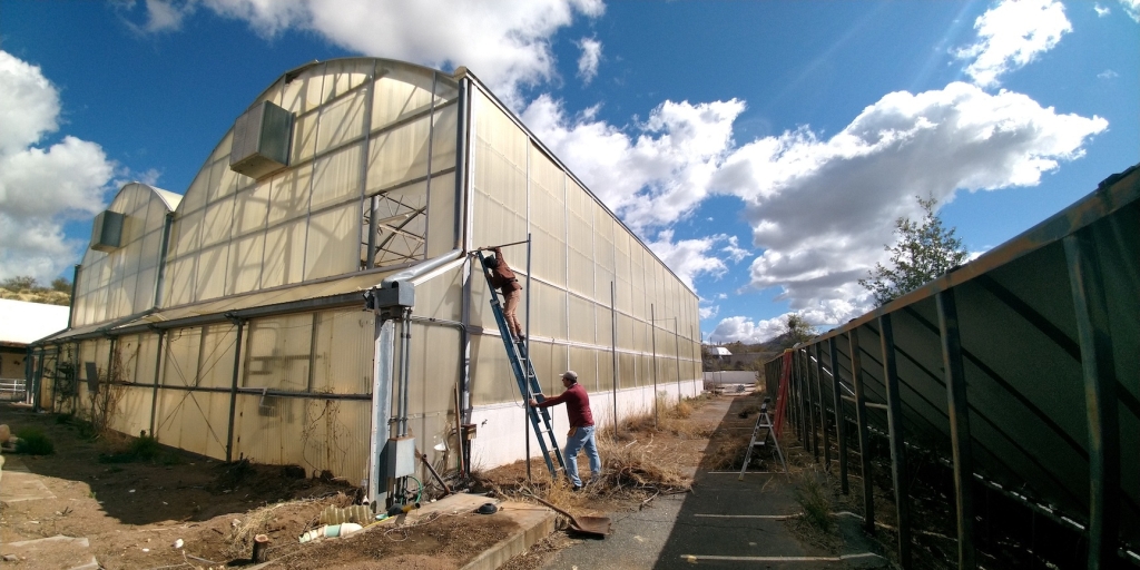 Colleen, John Z. removing window scaffolding at SAM, Biosphere 2