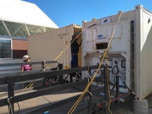 Fridge removal from the 40 footer at SAM, Biosphere 2