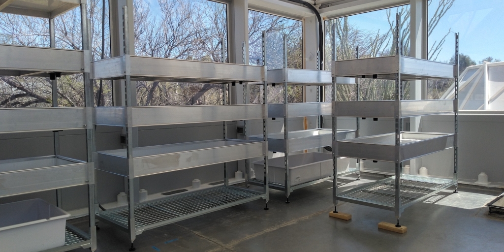 Hydroponics racks installed in the Test Module at SAM, Biosphere 2