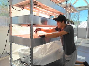 Atila Meszaros resetting the hydroponics racks in the Test Module of SAM, Biosphere 2