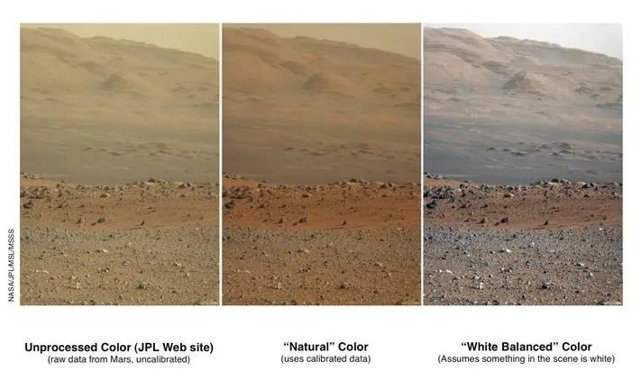 A comparison of the raw image, corrected image, and Earth-light image from a Curiosity rover photograph. Courtesy NASA / Dr. Jim Bell.